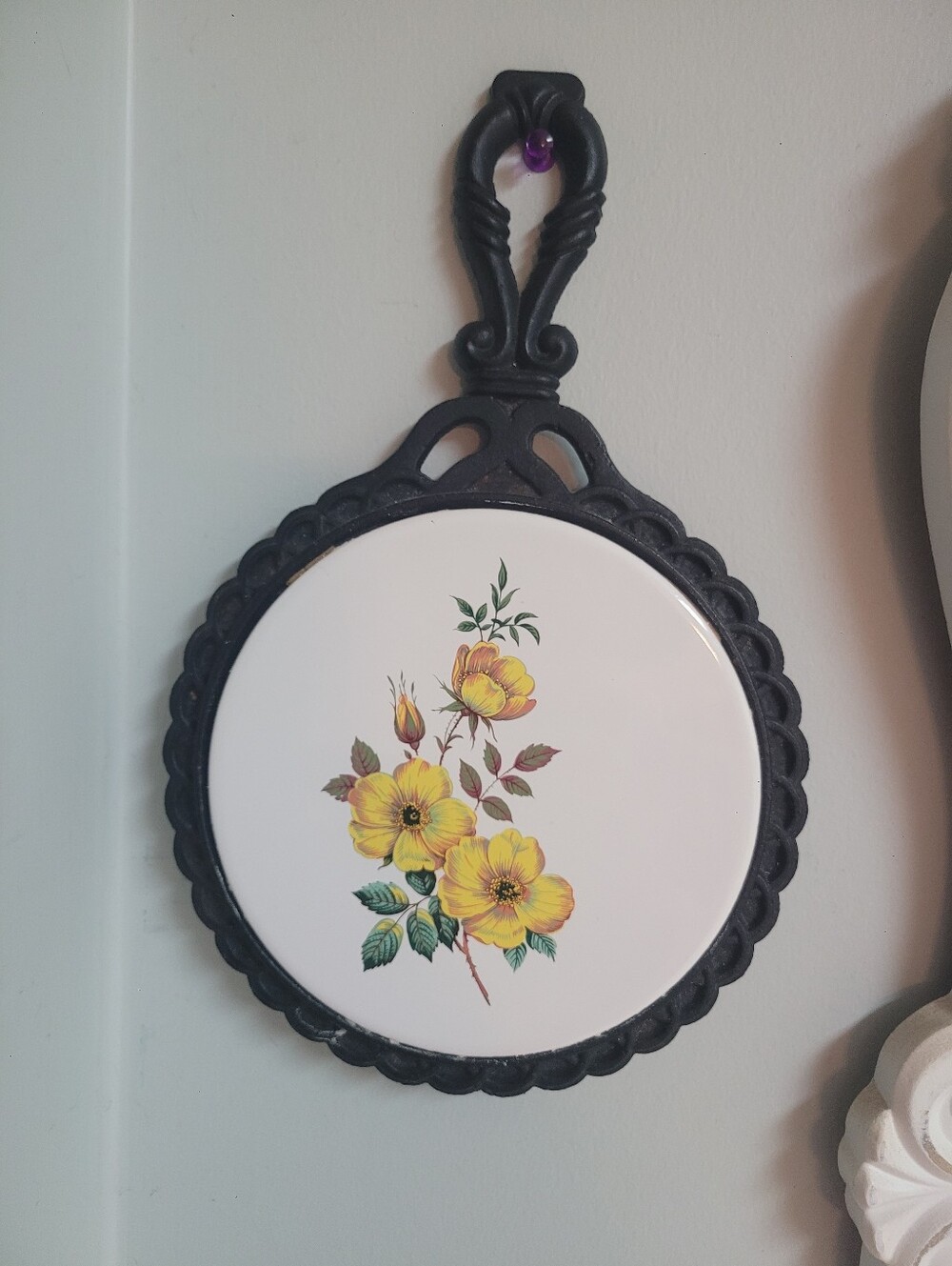 Vintage Japan Cast iron & Recamic Tile Trivet Yellow Floral Hand Painted